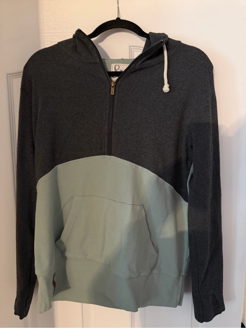 AMPERSAND AVE Two-Tone Half-Zip Hooded Sweater in Charcoal & Sage